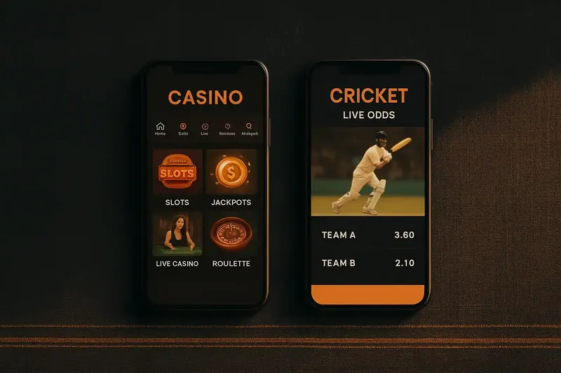 Two smartphones on dark Indian handloom textile with casino lobby and cricket live odds