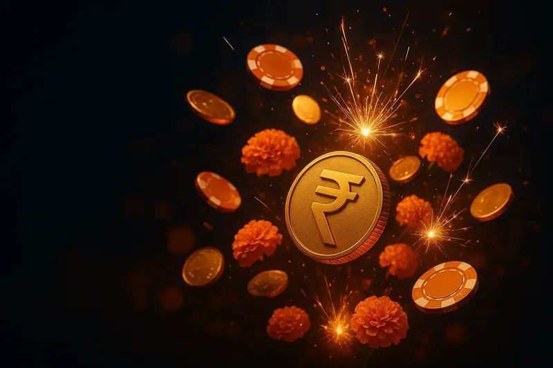 Golden rupee coins and casino chips bursting with marigolds and sparklers