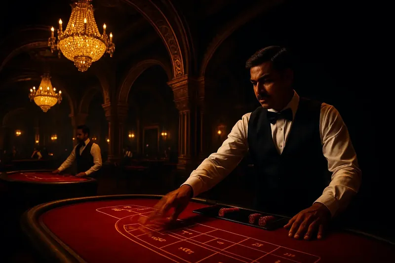 Luxurious Indian online casino lobby with chandeliers, golden accents, and dealers