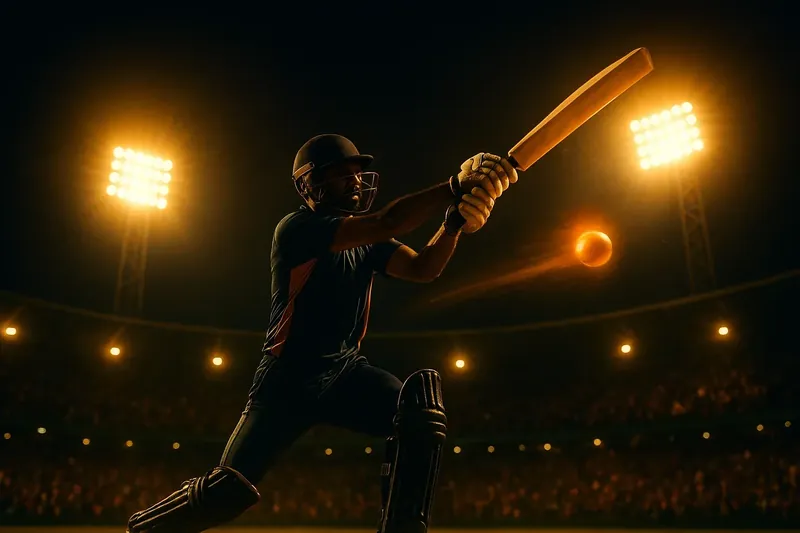 Indian cricket stadium at night, floodlights blazing, batsman hits a six
