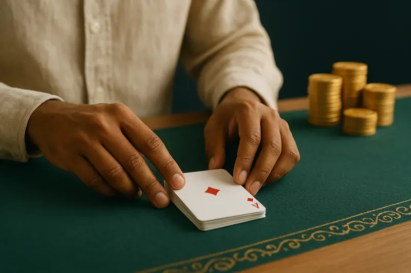 Close-up of Indian live dealer hands dealing cards on green felt table