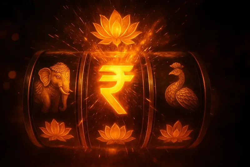 Indian slot jackpot explosion with golden peacocks, lotus, elephants, rupee symbols