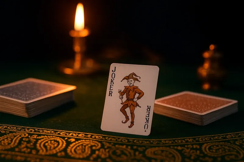 Close-up of Andar Bahar cards on green felt with joker